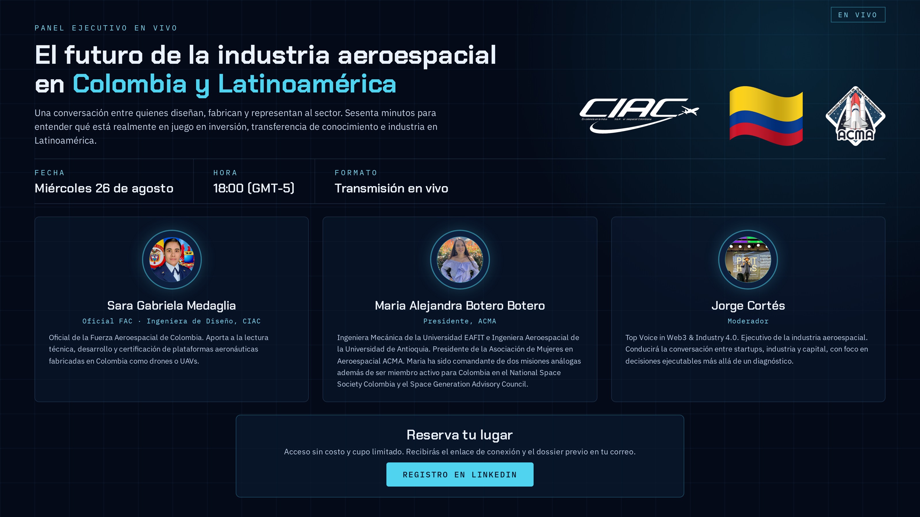 Pieza gráfica de la invitación al panel sobre el futuro aeroespacial en Colombia y Latinoamérica