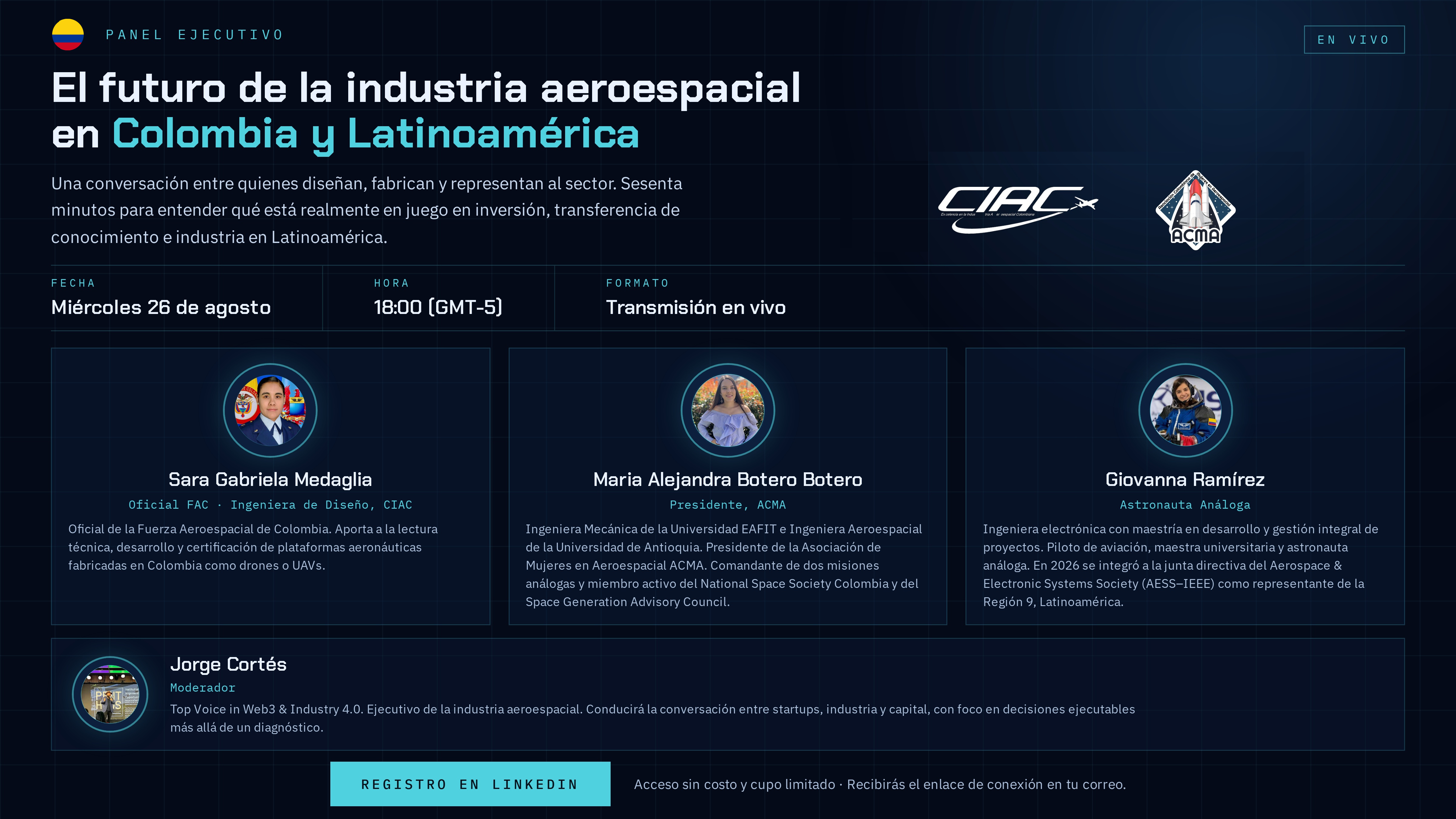 Pieza gráfica de la invitación al panel sobre el futuro aeroespacial en Colombia y Latinoamérica