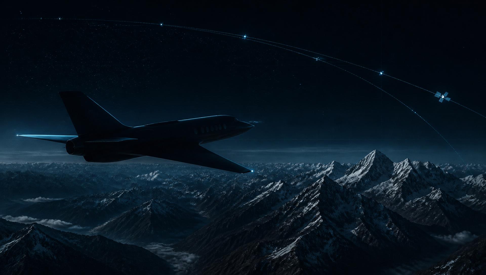 Aeronave sobrevolando la cordillera de los Andes de noche con trayectorias satelitales
